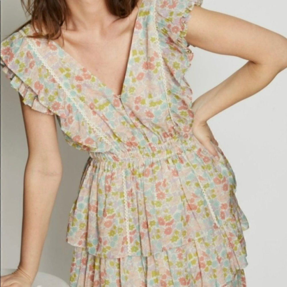 Love The Label Ines Ivory Tiered Ruffle Skirt Mini Dress Floral Ivory Medium NWT